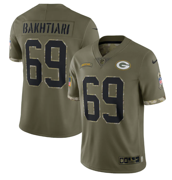 Men's Green Bay Packers #69 David Bakhtiari Olive 2022 Salute To Service Limited Stitched Jersey